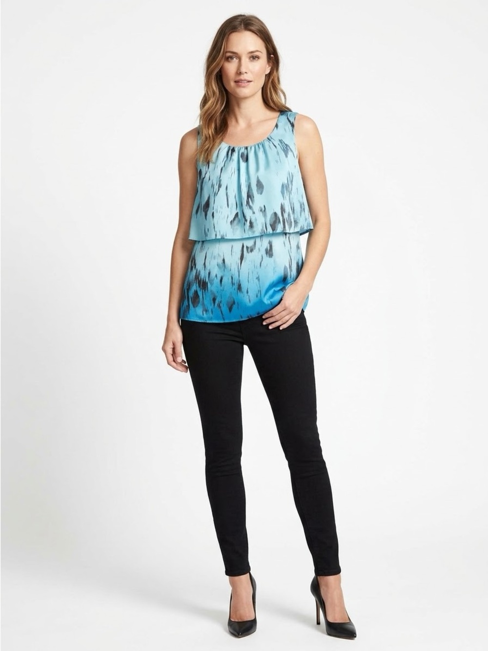 CAbi Blue Ombre Abstract Layered Tank-100% Silk